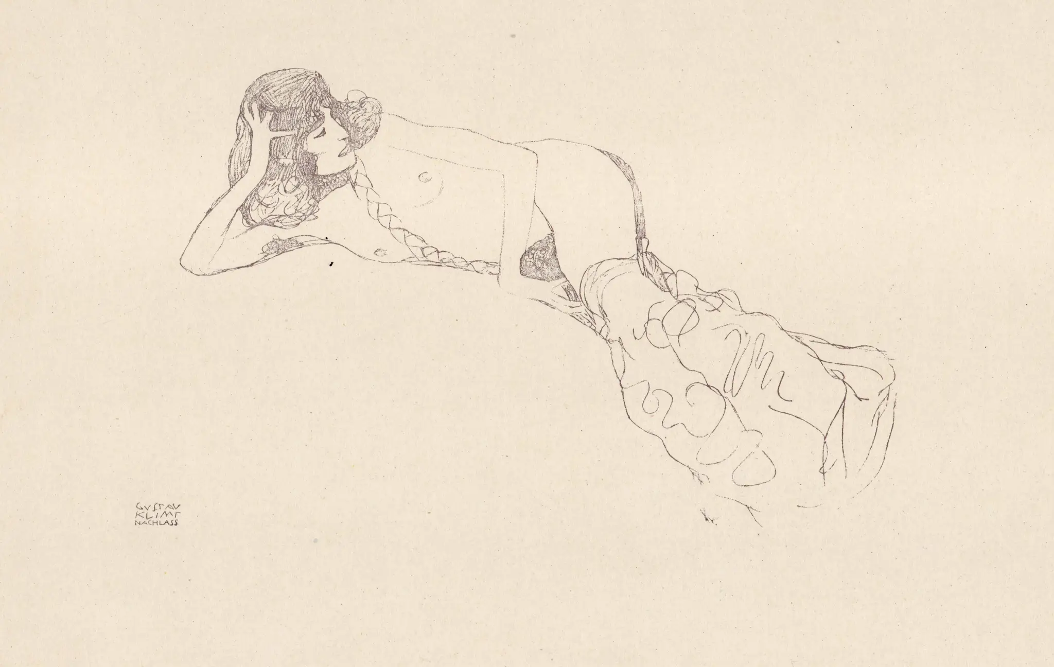 Gustav Klimt, Nudo disteso con treccia, da Gustav Klimt, 50 Handzeichnungen, Leipzig; Wien, Thyrsos Verlag, 1922. Collezione Biancardi, Milano.