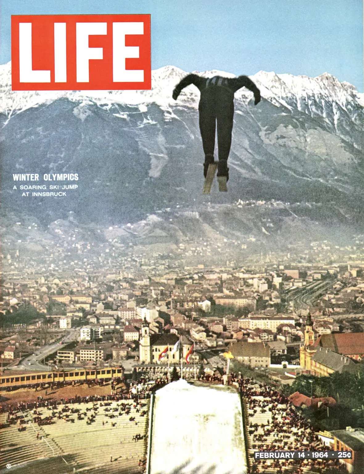 Copertina della rivista Life del 14 febbraio 1964 dedicata al salto con gli sci ai Giochi olimpici invernali. Innsbruck, Austria. Immagine di Ralph Crane © 1964. The Picture Collection LLC.